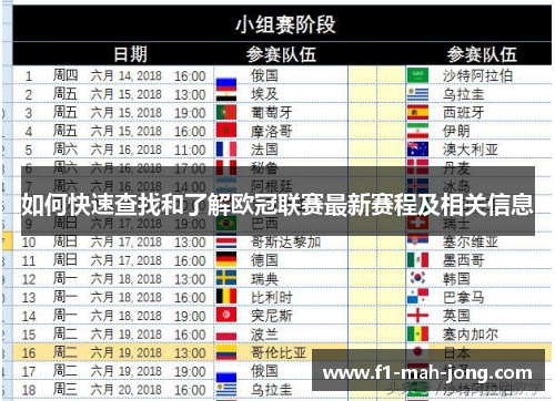 如何快速查找和了解欧冠联赛最新赛程及相关信息 如何快速查找和了解欧冠联赛最新赛程及相关信息