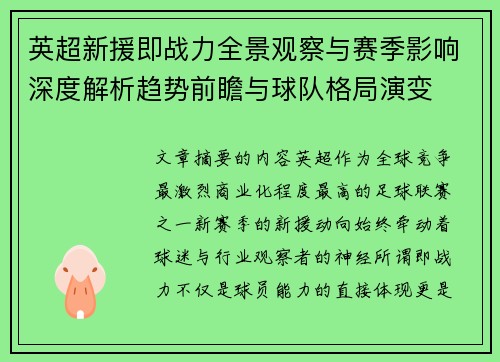英超新援即战力全景观察与赛季影响深度解析趋势前瞻与球队格局演变 英超新援即战力全景观察与赛季影响深度解析趋势前瞻与球队格局演变
